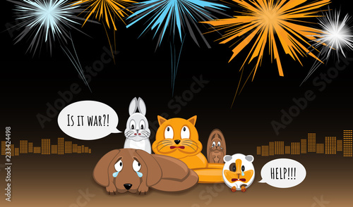 Animals afraid of loud bangs and whistles. Fireworks make stress during yearend celebrations. Dog, bunny, cat, squirrel and cavy sitting in stress. City light and fireworks on background. Vector.