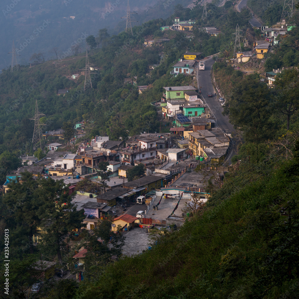 High angle view of town in mountain, Narendranagar, Tehri Garhwal, Uttarakhand, India