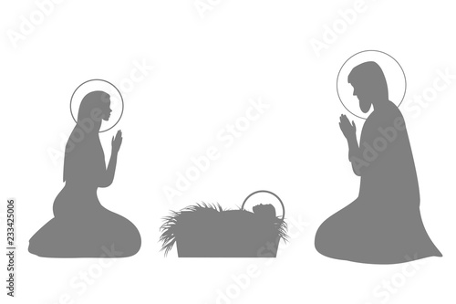 Jesus Christ story illustration set with Mary, Joseph and baby Jesus silhouette.