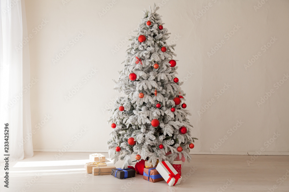 Xmas new year gifts and toys tree winter background Xmas new year gifts and toys tree winter background