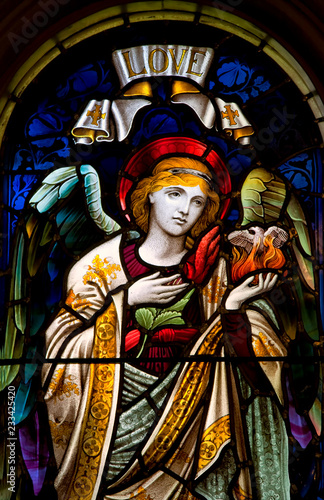 HALIFAX, NOVA SCOTIA, CANADA- AUG 27, 2014: Detail from a selection of religious stained glass. Window found in St. Paul's Anglican Church, Halifax, Nova Scotia, Canada.