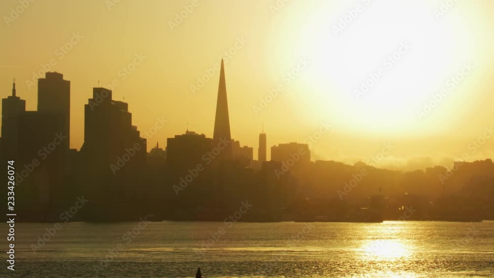 Aerial view San Francisco sunset Bay bridge skyscrapers Aerial view San Francisco sunset Bay bridge skyscrapers