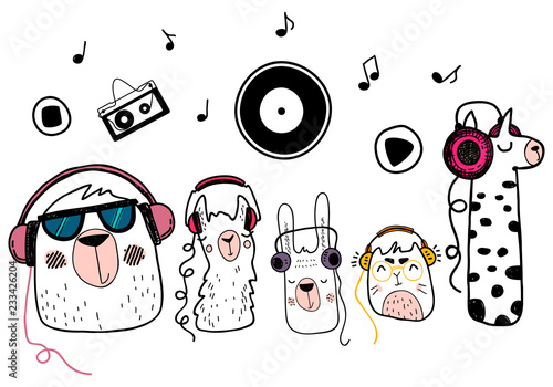 Cute animals with headphones.