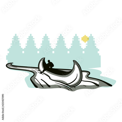Man in canoe paddling down or up a river.