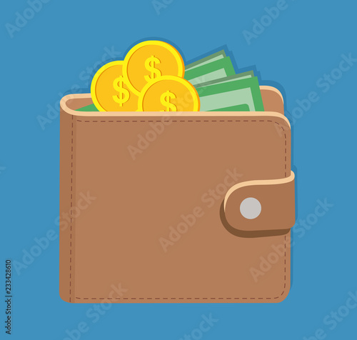 Wallet and dollars. Wallet with cash. Vector illustration.