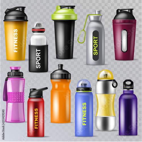 Sport bottle vector sportive water bottled drink thermo and fitness plastic energy beverage illustration sporting set of bottling flask isolated on transparent background