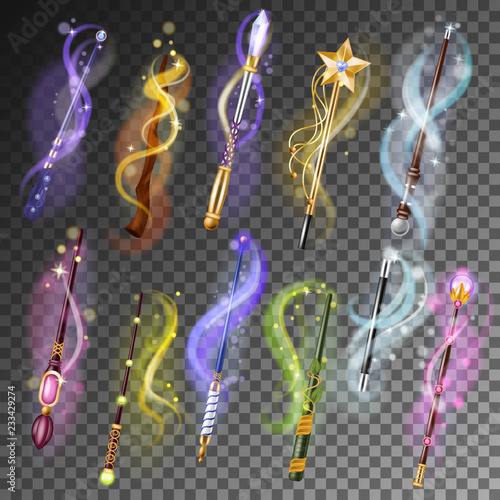 Magic wand vector miracle stick fantasy magician wizard object illustration magical set of fairytale symbol with star isolated on transparent background