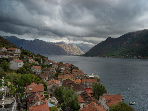 Elevated view of Perast town  Bay of Kotor  Montenegro