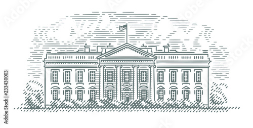 White House facade engraving style illustration. Vector. Building, sky and shadow on building in separate layers accordingly. 
