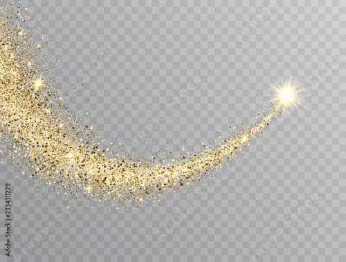 Star dust trail with glitter sparkling particles on transparent background. Gold glittering space comet tail. Cosmic wave. Golden shining star with dust tail. Festive backdrop. Vector illustration