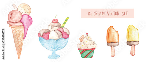 Set of watercolor ice cream. Isolated illustration. For fabric print or design element for card.