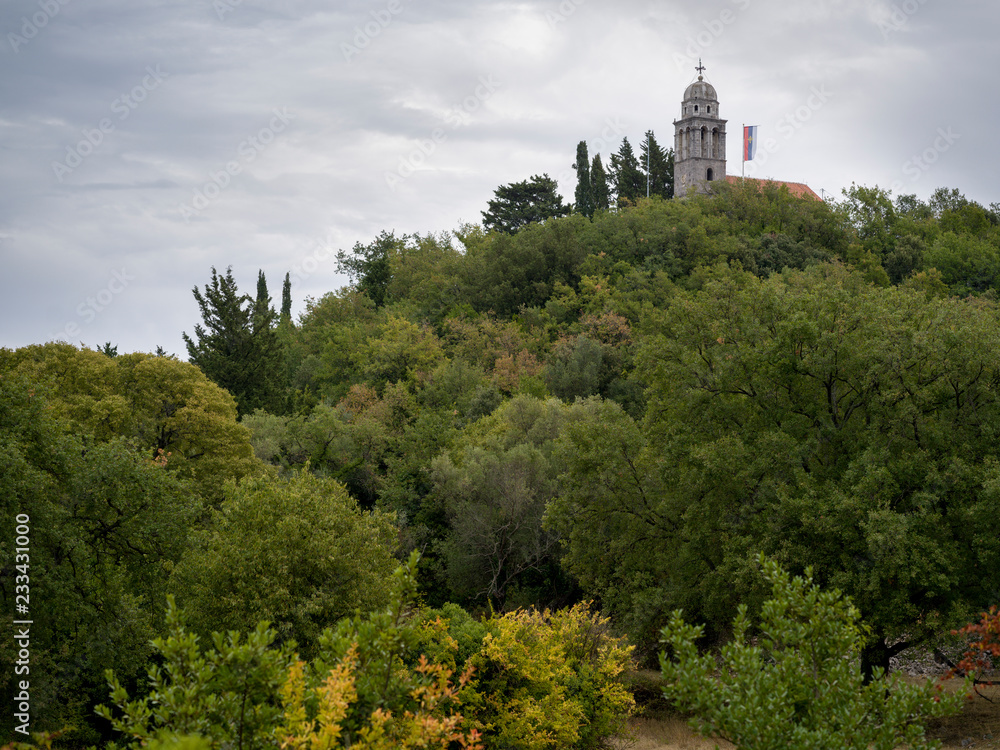 Low angle view of hilltop church surrounded with trees, Karce, Trivet, Montenegro