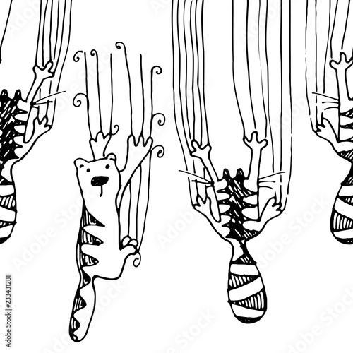 Cats climbing the wall and leave scratches seamless pattern