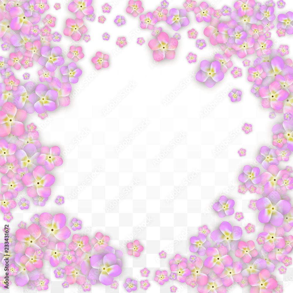 Blue Vector Realistic Blue Petals Falling on Transparent Background.  Spring Romantic Flowers Illustration. Flying Petals. Sakura Spa Design. Blossom Confetti. Design Elements for Wedding Decoration.