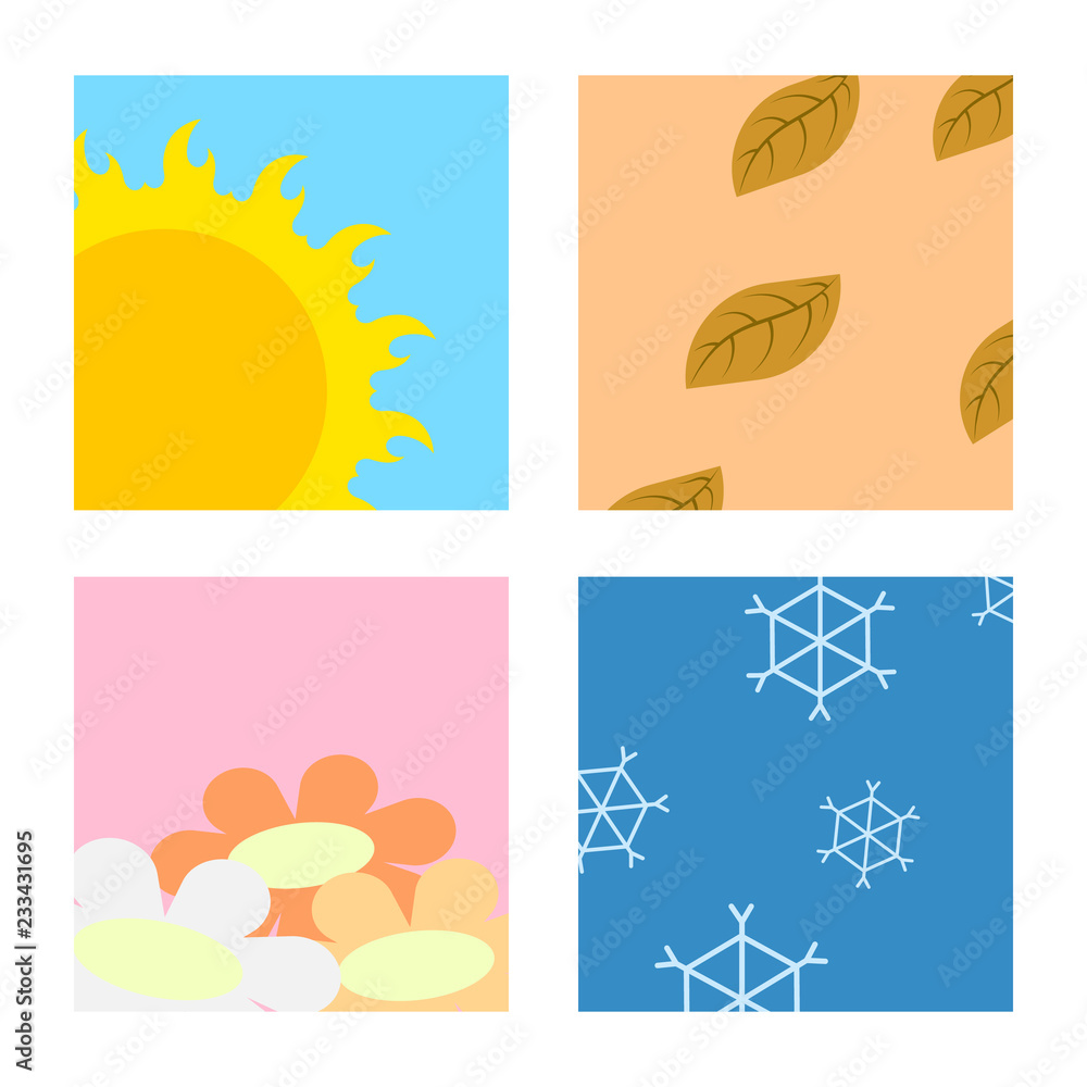 Four Season rotation show at window, summer, fall, winter, spring flat design cartoon vector