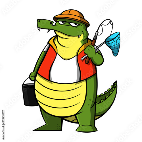 Crocodile The Fisherman carry a bucket, rod, and netter get ready to fishing on holiday cartoon vector photo