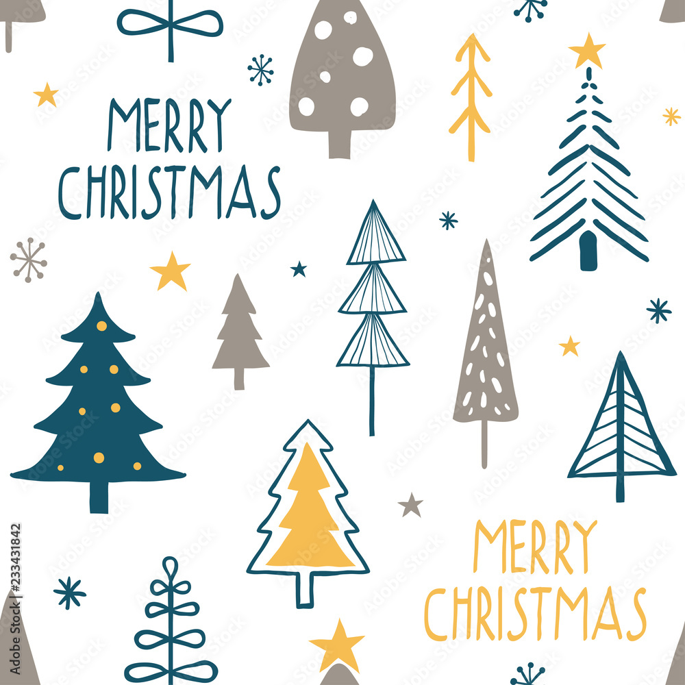 Merry christmas seamless pattern with simple minimalist trees and hand written text. Doodle forest cartoon background for greeting cards, fabric or wrapping paper designs. Holiday, new year Merry christmas seamless pattern with simple minimalist trees and hand written text. Doodle forest cartoon background for greeting cards, fabric or wrapping paper designs. Holiday, new year