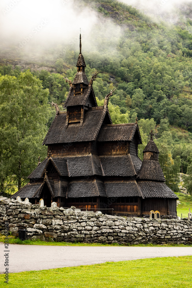 Borgund stave church (stavkyrkje) in Norway in cloudy weather