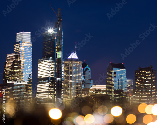philadelphia skyline with blurry lights