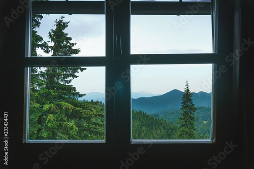 Window View on Hills and Pines