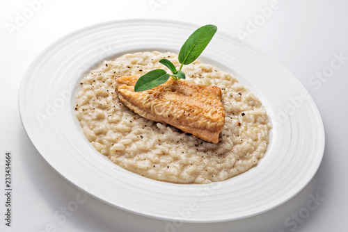 Dish of Parmesan risotto with fish fillet photo