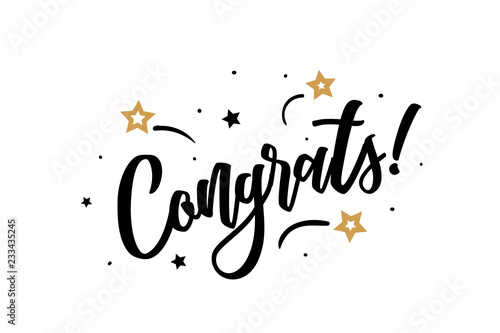 Congrats. Beautiful greeting card poster, calligraphy black text word golden star fireworks. Hand drawn, design elements. Handwritten modern brush lettering, white background isolated vector