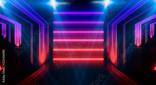Background of an empty room at night with smoke and neon light. Dark abstract background. Background of an empty show scene. 