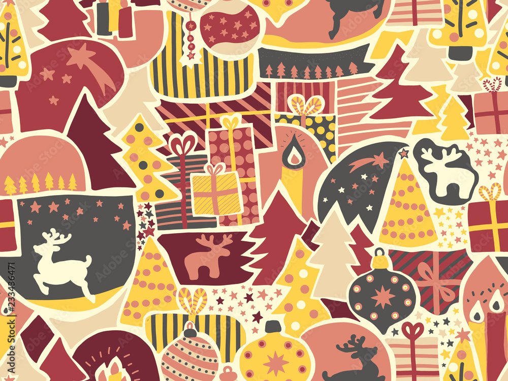 Christmas seamless vector background. Modern holiday pattern for women and girls in pink, yellow, red, gray, beige. Reindeer, elk, Christmas ornaments, gift boxes, trees, candles for wrapping, fabrics Christmas seamless vector background. Modern holiday pattern for women and girls in pink, yellow, red, gray, beige. Reindeer, elk, Christmas ornaments, gift boxes, trees, candles for wrapping, fabrics