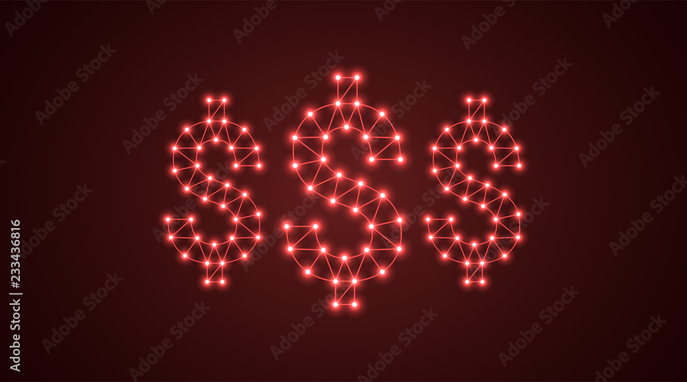 Inscription of 3 dollars with neon lamps. Vector