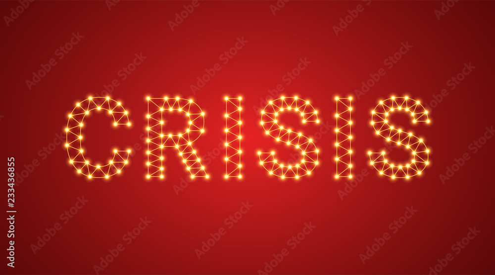 Inscription of Crisis with neon lamps. Vector text