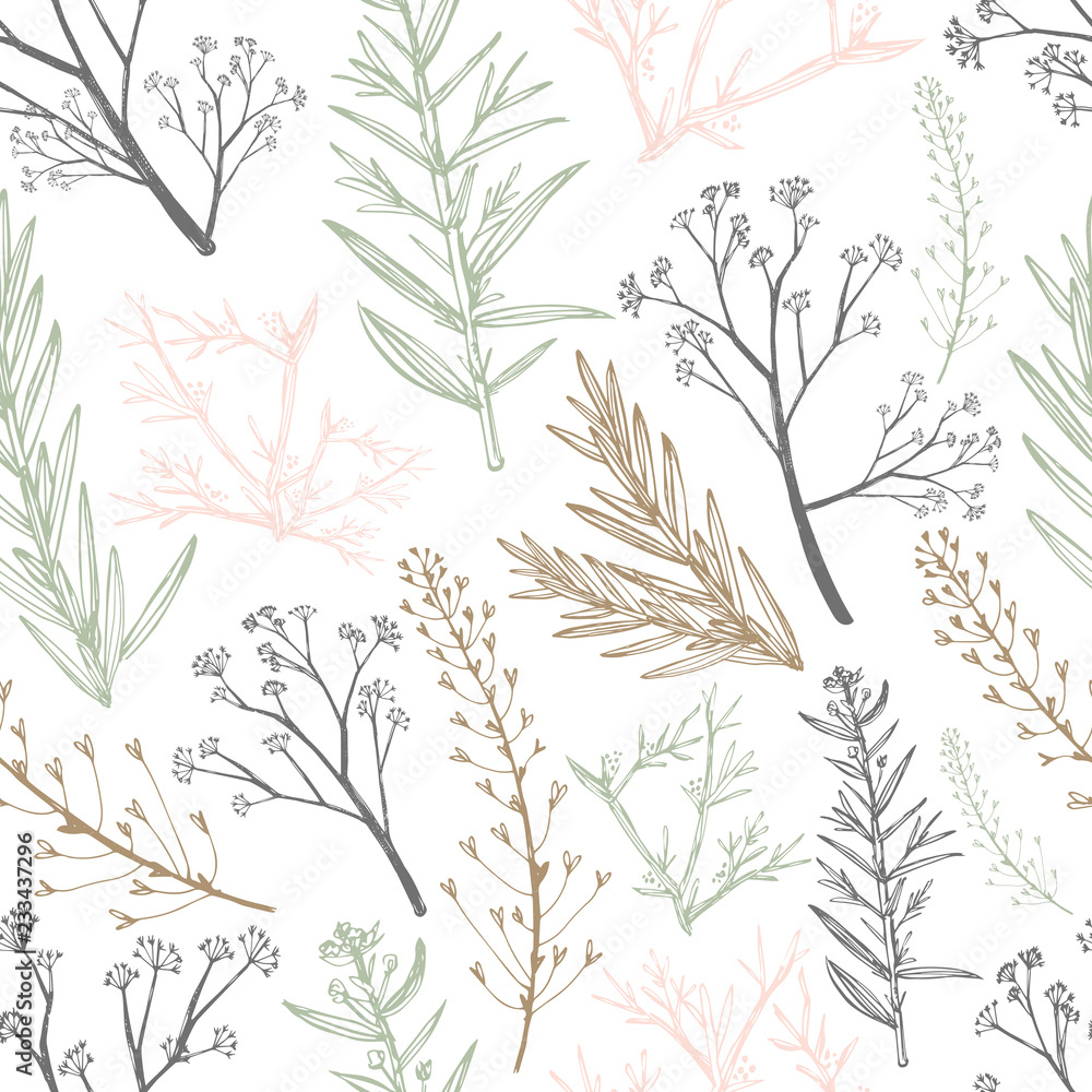 Botanical herbal seamless pattern. Healing field herb plants seamless background. Shepherds bag vector.