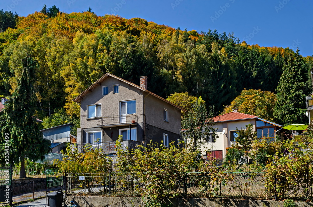 Autumnal colorful forest and house in the villaje Zheleznitsa, Sofia, Vitosha mountain, Bulgaria  