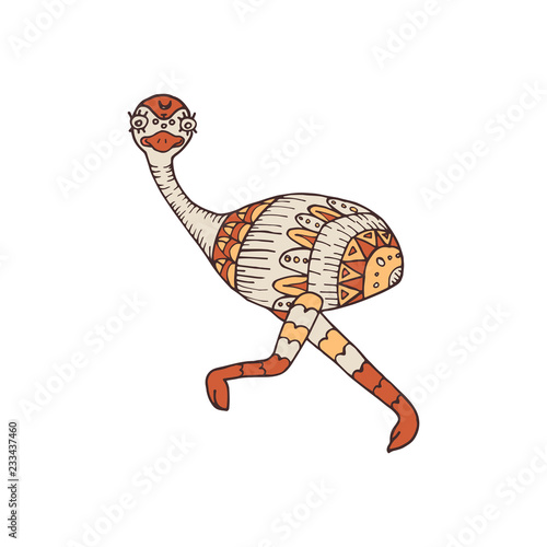 Tribal emu bird running isolated on white background. Cute stylized emu with ethnic ornament.