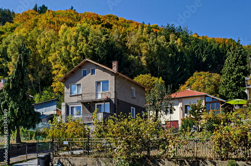 Autumnal colorful forest and house in the villaje Zheleznitsa, Sofia, Vitosha mountain, Bulgaria   photo