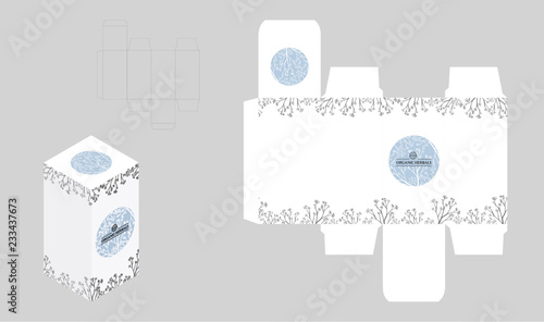 Box template for cosmetic product. White box with herbal decorative elements.