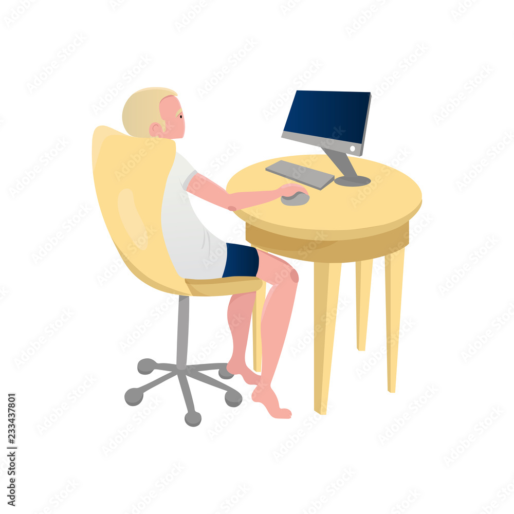 Fototapeta premium Blonde man sitting on rolling chair browsing in the internet. Guy character working on computer at home.