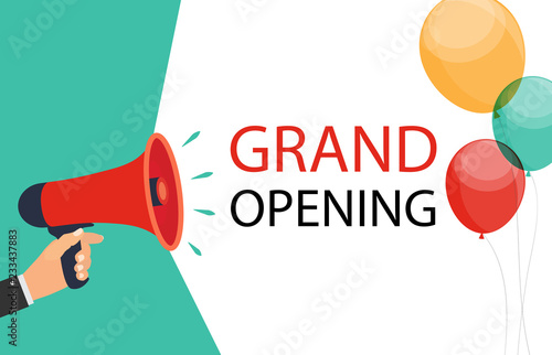 Megaphone with speech bubble and balloons. Grand opening concept. Vector Illustration