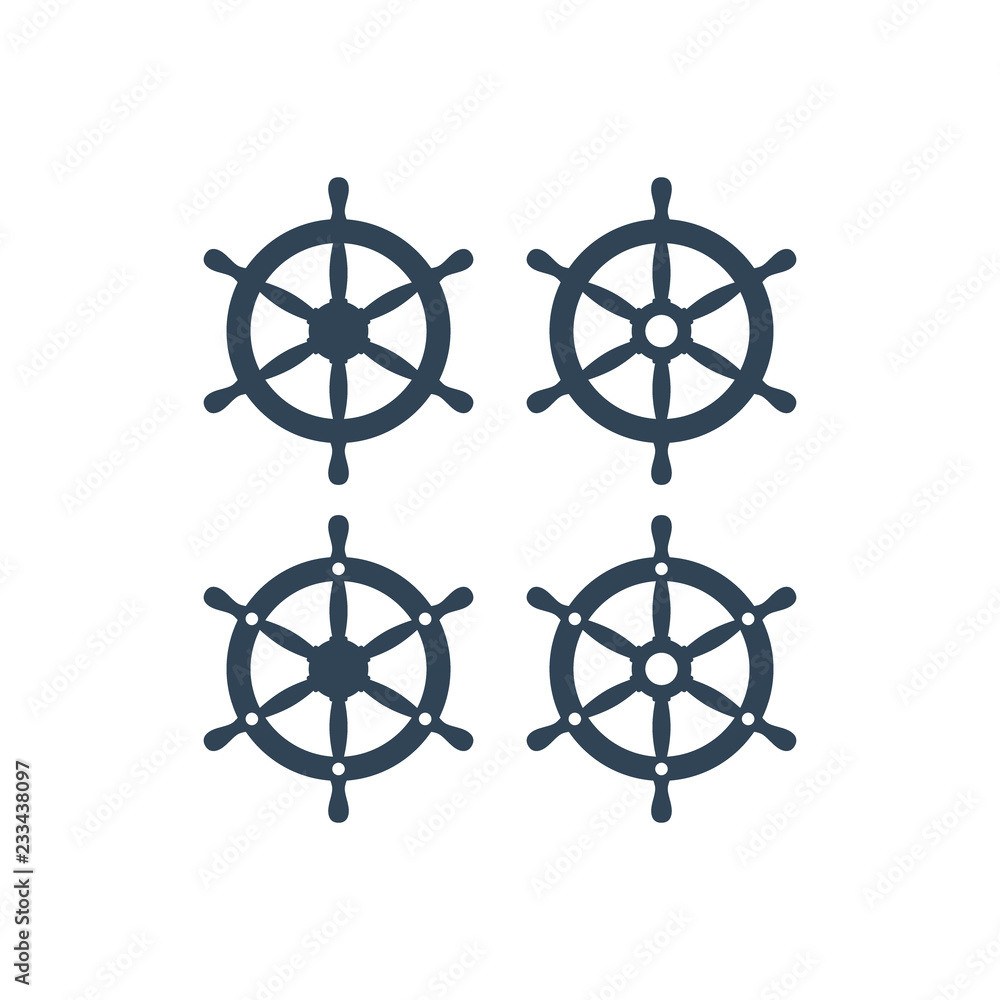 Ship wheel with six handles vector icon. Ship's steering wheel simple icons set.