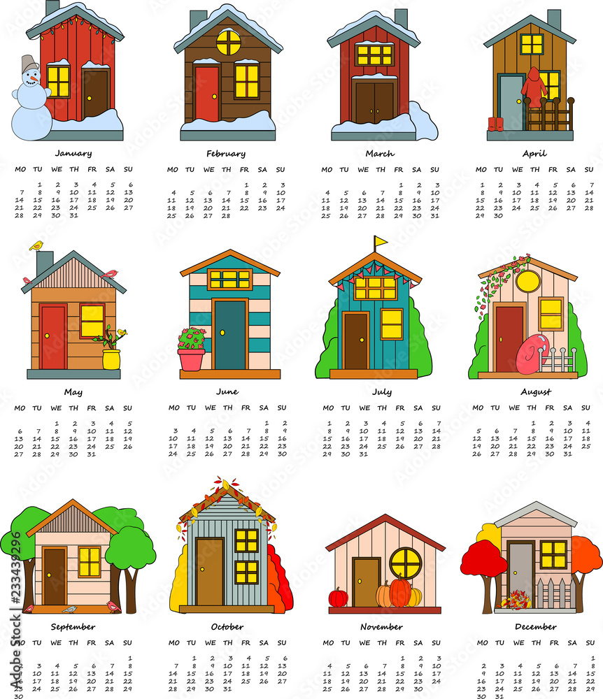Set of houses in vector. Cute cartoon design. Perfect for card, calendar design