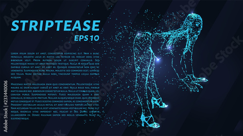 A striptease of blue luminous points. Girl dancing erotic dance.