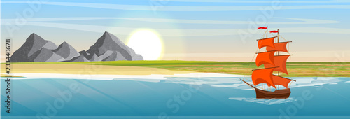 A ship with red sails. Tropical island with mountains and volcanoes in the ocean or sea. Sandy beach. Vacation and travel. Vector landscape