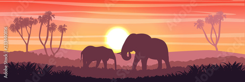 Mom elephant and her young in the African savanna at sunset. Doum palms. Silhouettes of animals and plants. Realistic vector landscape. The nature of Africa. Reserves and national parks.