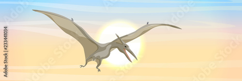 Flying reptile pteranodon in the sky. Prehistoric animals and plants. Vector landscape of the Mesozoic era. Pterodactyl