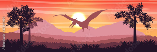 Flying reptile pteranodon in the sky above the valley and mountains Prehistoric animals and plants ferns. Vector landscape of the Mesozoic era. Pterodactyl. Silhouette