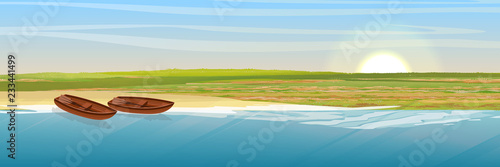 The shore of the lake, glade and sand. Two wooden boats on the shore. Vector landscape.