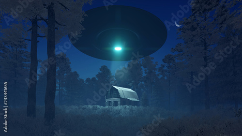 3d UFO over the old hut in the winter forest