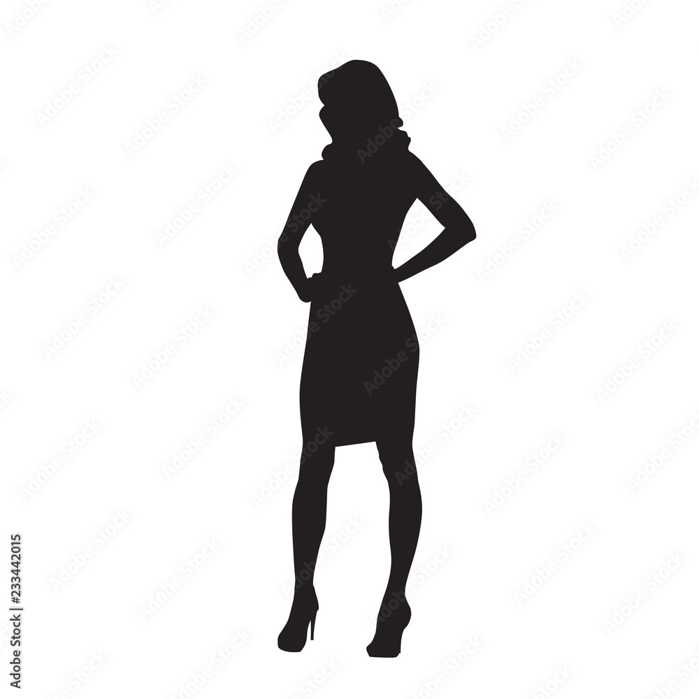 Businesswoman in mini skirt standing with hands on hips, isolated vector silhouette. Front view