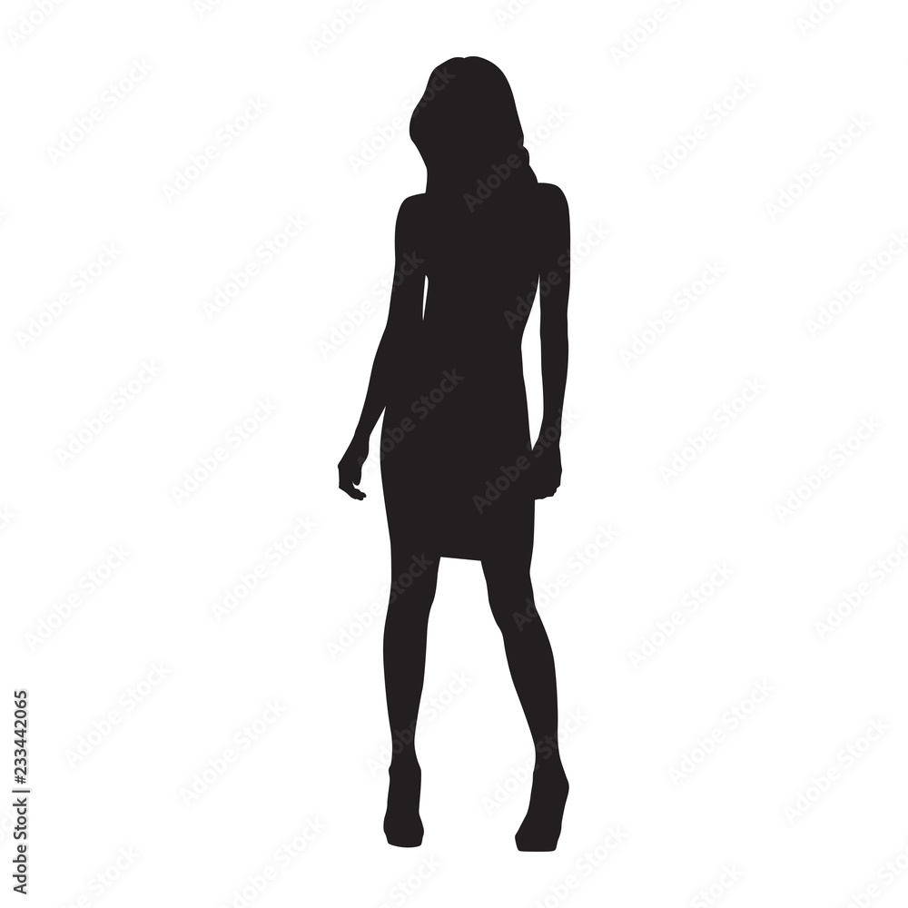 Business woman in skirt and high heels shoes standing, isolated vector silhouette, front view