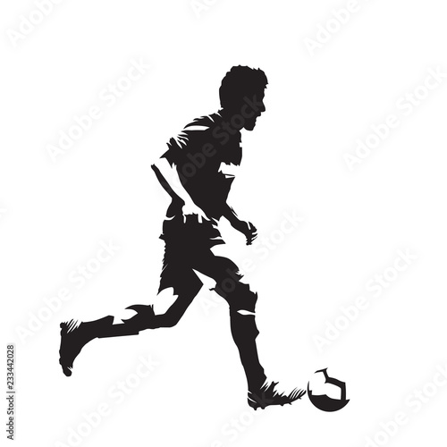 Soccer player running with ball, isolated vector silhouette. Ink drawing of footballer, side view