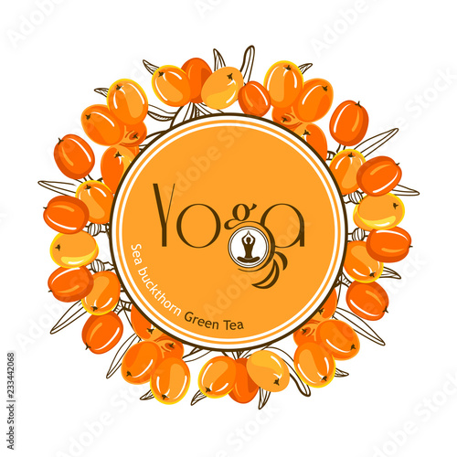 Round berries frame of Sea buckthorn, vector illustration isolated on white background, line art decorative sea buckthorn for design cosmetic, natural medicine, herbal tea, food menu